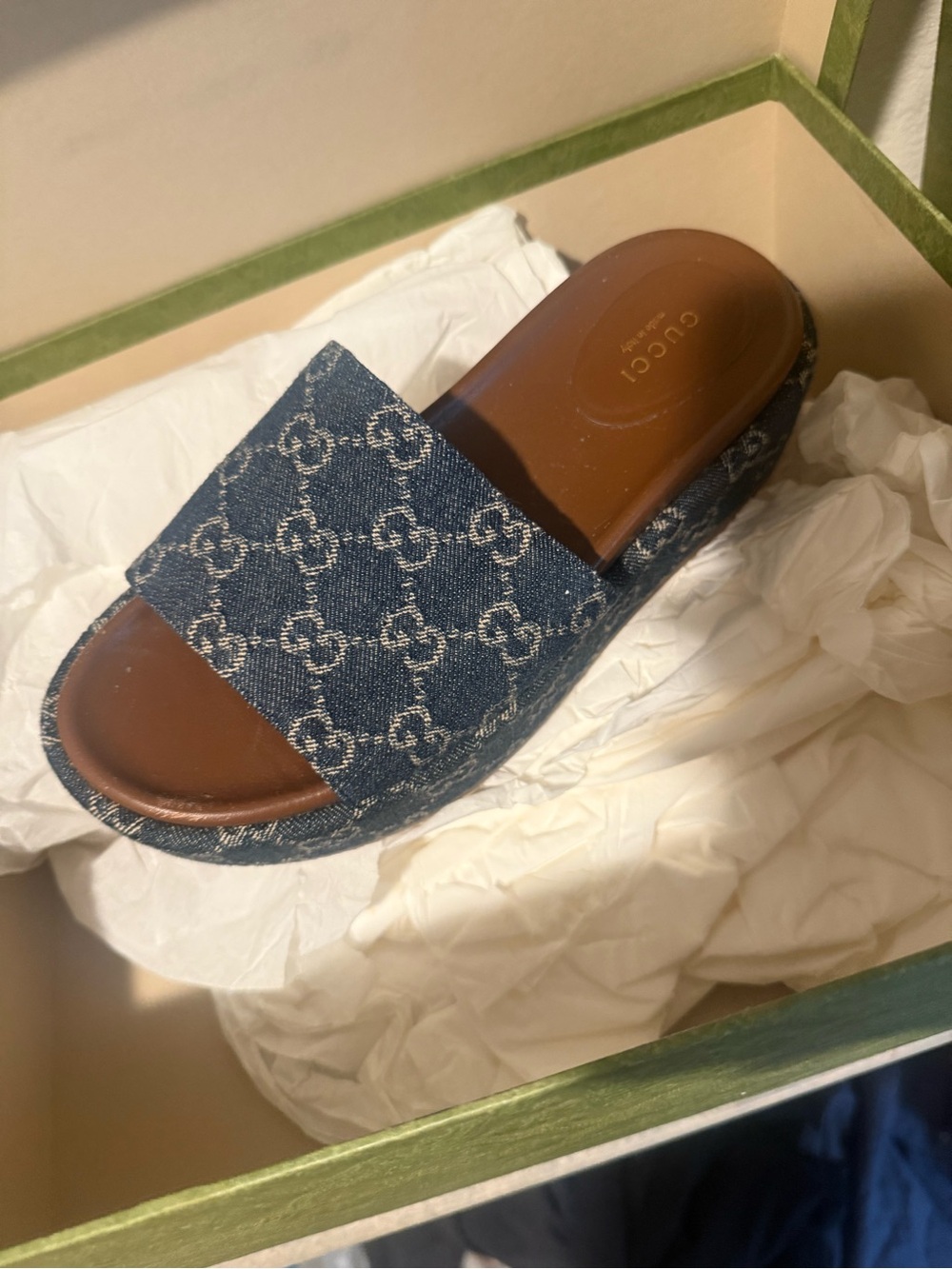 Gucci Denim GG Logo Slide Sandals in Blue with Brown Footbed - Picture 2 of 5